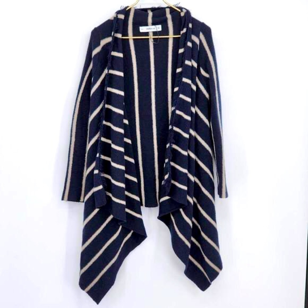 Zara Knit Blue Cream Striped Cardigan Linen Blend Sweater Fringe Edge